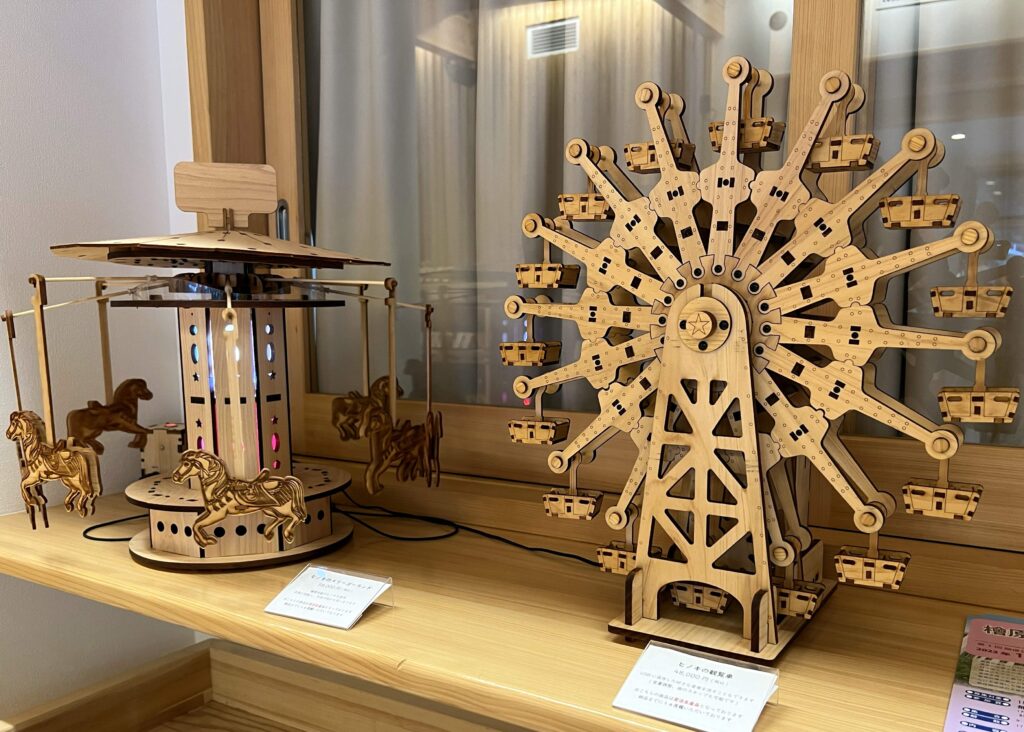 Hinohara Factory sells hinoki essential oils, hinoki shochu and these laser-cut products made of hinoki